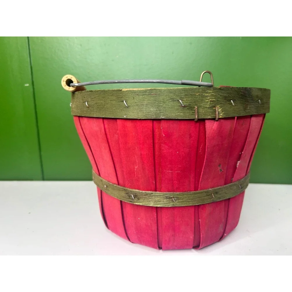 Vintage Red and Green Woven Wood Bushel Basket with Wire Handle Farmhouse Decor